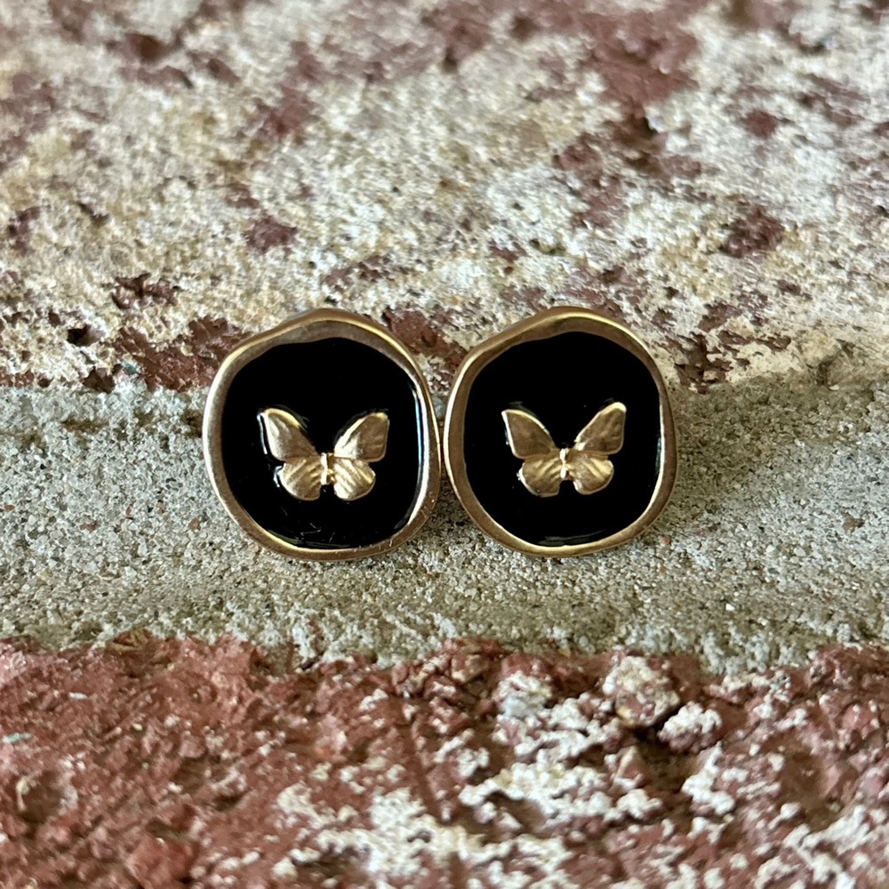 NEW! Gold Butterfly Black Enamel Stud Earrings - Women Jewelry